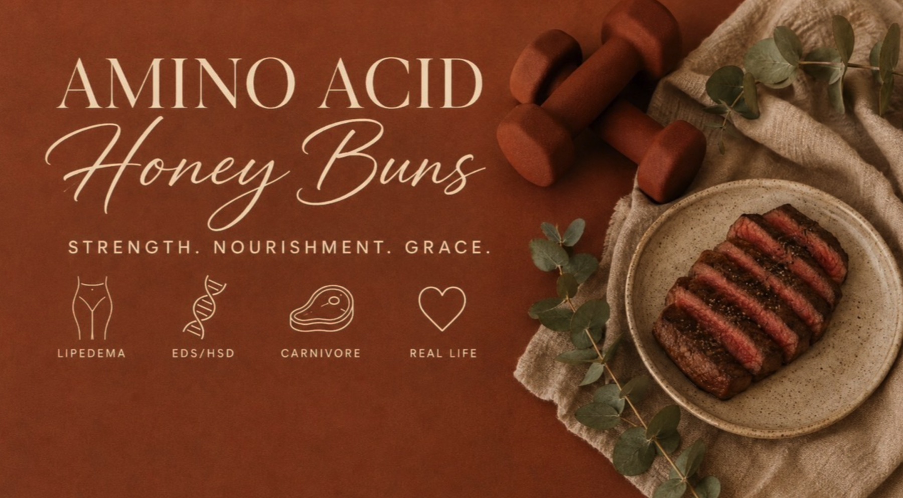Amino Acid Honey Buns, with weights, steak, and the words Strength, Nourishment, Grace